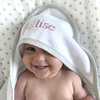 Personalised White Hooded Baby Towel With Grey Trim, 2 of 5