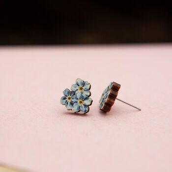 Inky Forget Me Not Cluster Birch Stud Earrings, 4 of 10