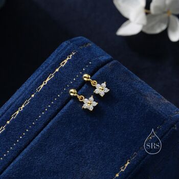 Sterling Silver Dainty Cz Flower Drop Stud Earrings, 8 of 12