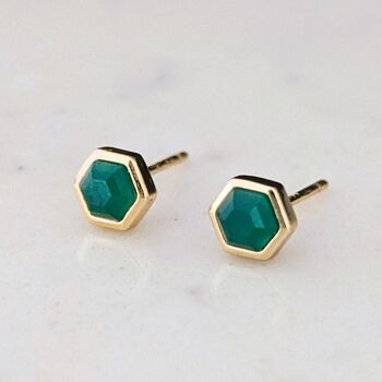 Green Onyx Tiny Hexagon Stud Earrings 18ct Gold Plated, 3 of 7