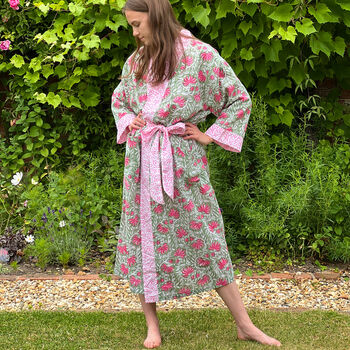 Long Cotton Block Print Kimono Jaipur Floral Green/Pink, 2 of 3