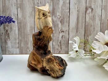Wooden Owl Ornament Driftwood Sculpture Tawny Owl Gift, 8 of 8