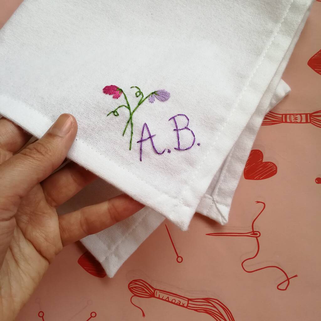 Hand Embroidered Monogram Handkerchief With Flower, 1 of 10