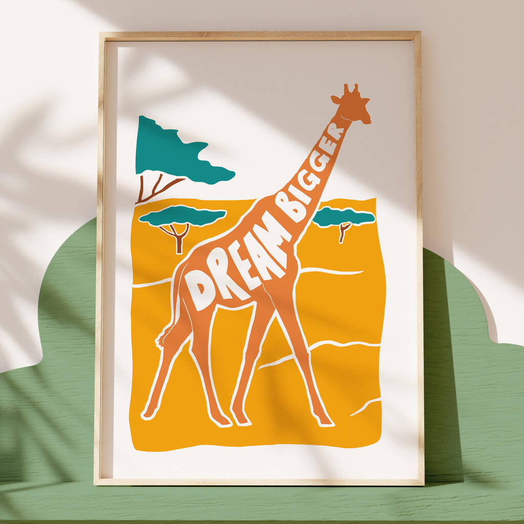 'Dream Bigger' Kids Giraffe Positive Nursery Print, 1 of 4