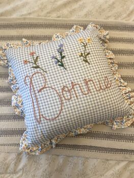 Personalised Embroidered Cushion Pink Ditsy Floral With Ruffle Trim, 2 of 3