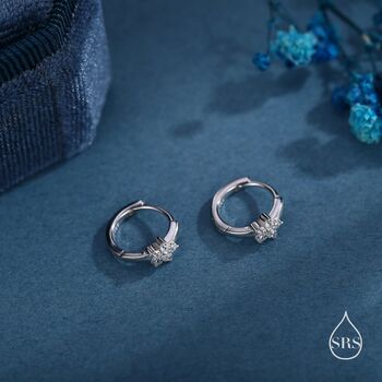 Clear Cz Flower Huggie Hoop Earrings In Sterling Silver, 3 of 11