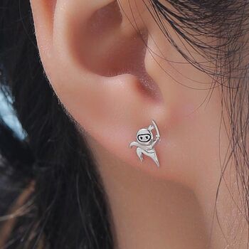Tiny Mismatched Ninja And Ninja Shuriken Star Stud Earrings In Sterling Silver, 2 of 12