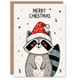 Cute Kawaii Cartoon Racoon In Santa Hat Christmas Card, thumbnail 1 of 4