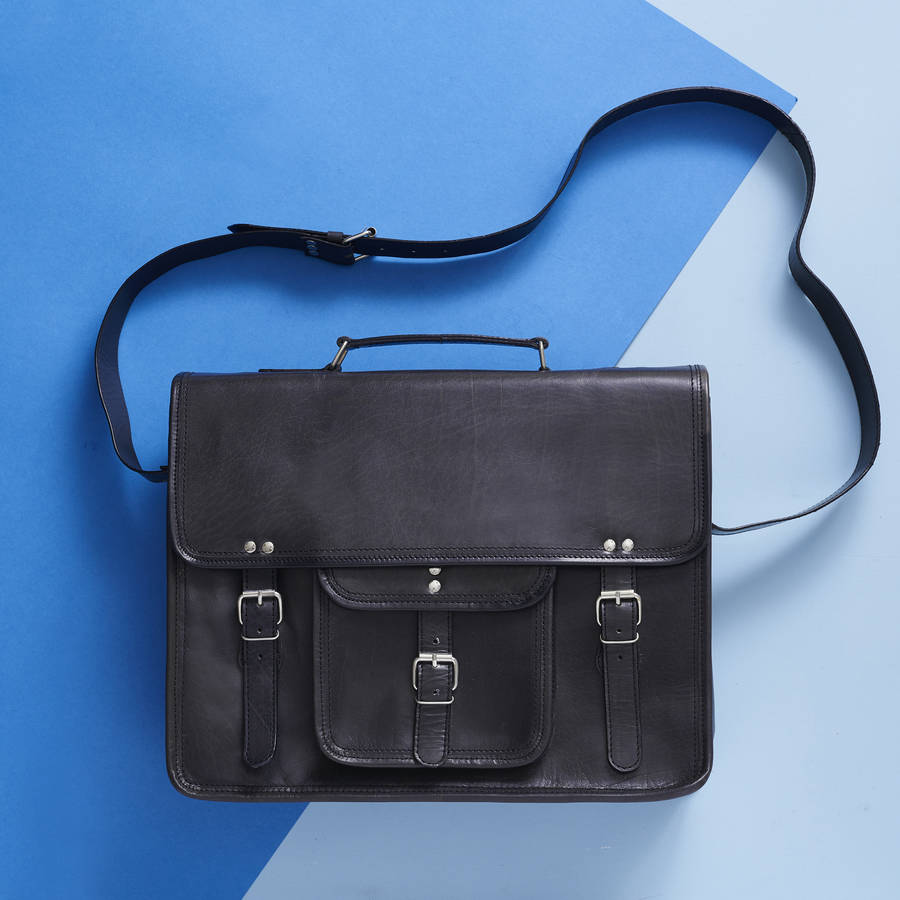 black leather satchel laptop bag by vida vida | 0