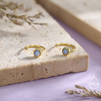 Sterling Silver Blue Opal Huggie Hoop Threader Earrings, 5 of 11