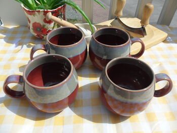 Set Of Four Reactive Glaze Sphere Mugs In Maroon And Grey Mist Haze, 3 of 9
