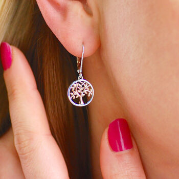 Silver And Rose Gold Tree Of Life Drop Earrings, 4 of 8