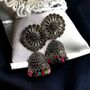Floral Oxidised Indian Asian Drop Jhumkis, thumbnail 3 of 3