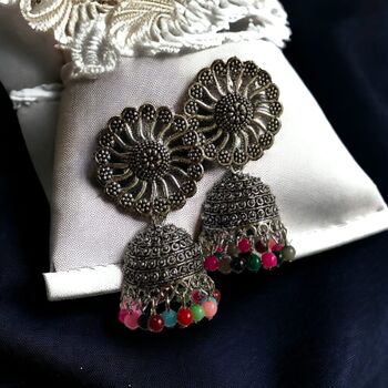 Floral Oxidised Indian Asian Drop Jhumkis, 3 of 3