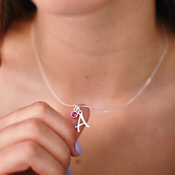 Sterling Silver Script Initial Necklace With Birthstone, 7 of 11