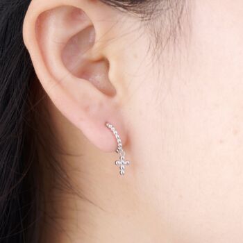 Silver Beaded Cross Hoop Earrings, 2 of 7