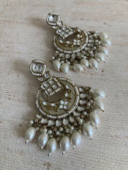White Antique Gold Chand Bali Indian Earrings, 4 of 9