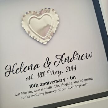 Personalised 10th Anniversary Gift Framed Tin Heart, 4 of 7