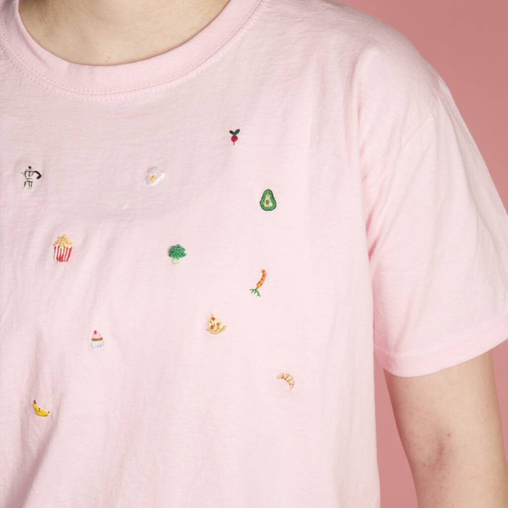 Unisex Hand Embroidered Pink Food T Shirt, 1 of 12