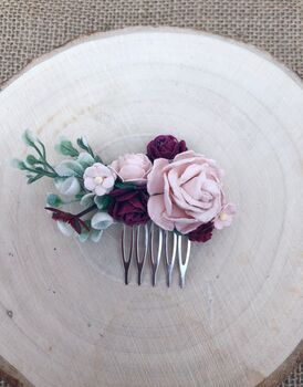 Burgundy And Blush Flower Hair Comb, 2 of 3