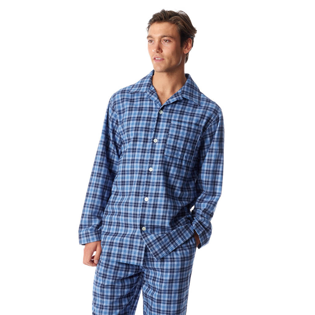 Men's Blue Checked Brushed Cotton Pyjamas By PJ Pan ...