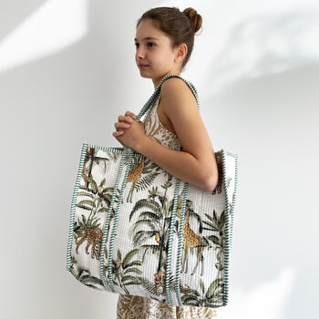 Giraffe Print Large Quilted Cotton Tote Bag In White, 2 of 4