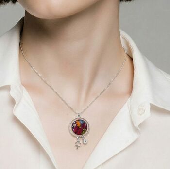 Sterling Silver Handmade Real Flower Necklace With Personalised Birthstone And Zodiac Charm, 2 of 12