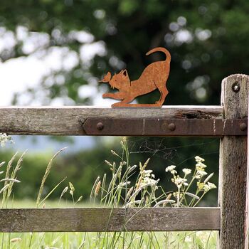 Rusty Metal Cat, Cat With Butterfly Fence Topper Gift, 8 of 10