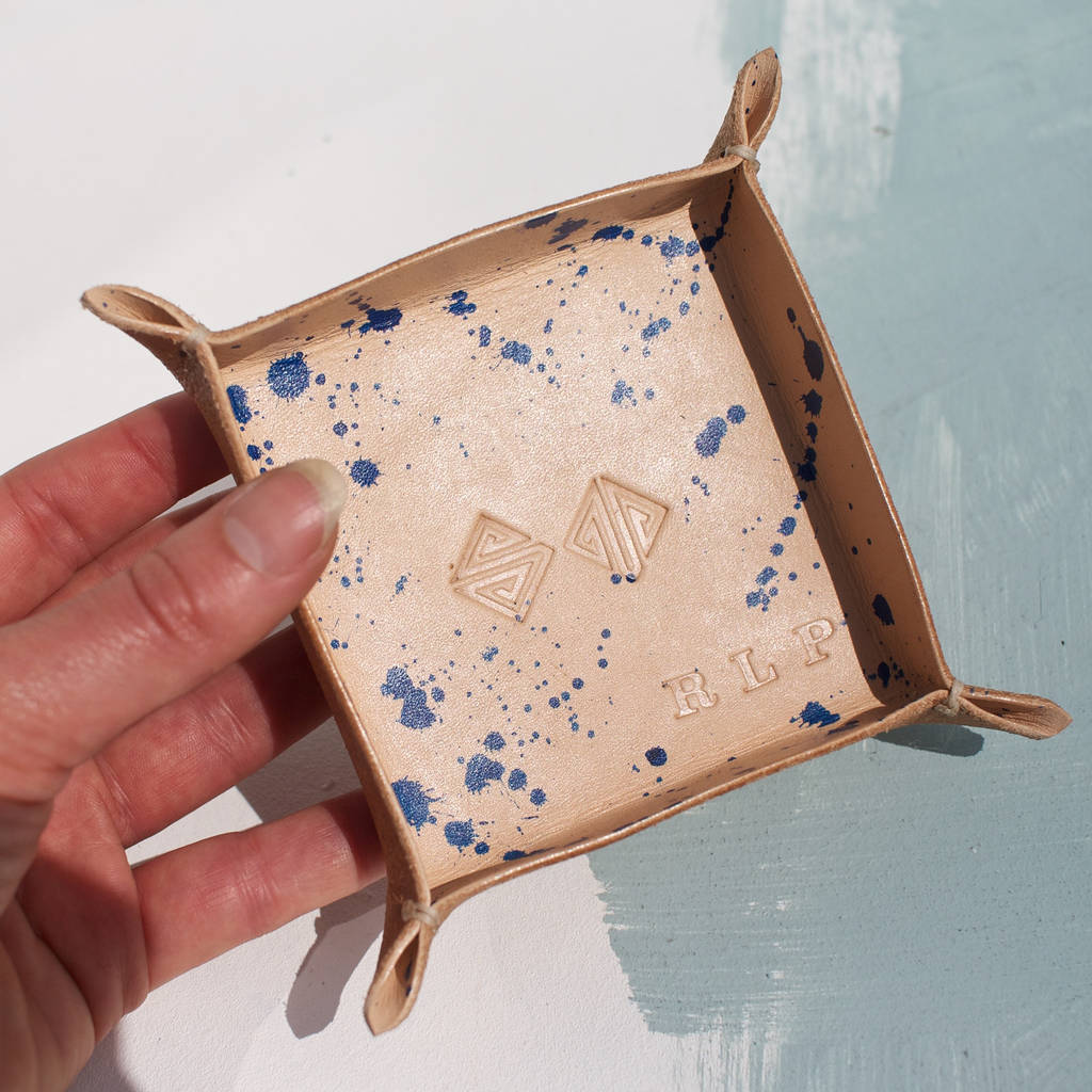 personalised leather tidy tray with blue detail by swag and tassel