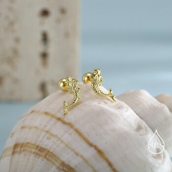 Sterling Silver Tiny Mermaid Screw Back Earrings, 3 of 11