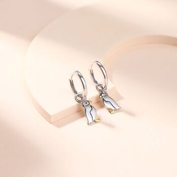 Sterling Silver Puffin Bird Dangle Hoops Earrings, 4 of 10