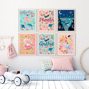 Under The Sea Nursery Wall Art Set | Personalised Sea Life Prints, 3 of 13