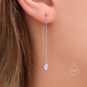 Sterling Silver Moonstone Oval Threader Earrings, 3 of 11