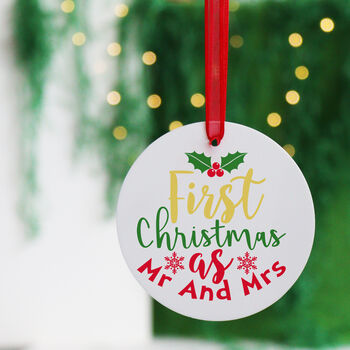 First Christmas As Mr And Mrs Printed White Tree Decoration, 2 of 3