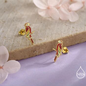 Scarlet Macaw Parrot Bird Stud Earrings In Sterling Silver, 3 of 12