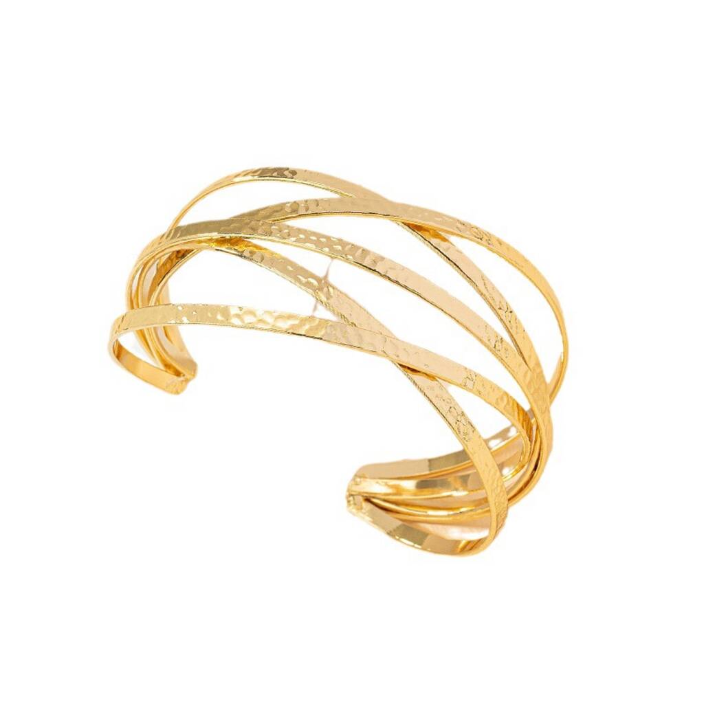 Gold Plated Hammered Multi Band Cuff Bangle By Jasper & Opal