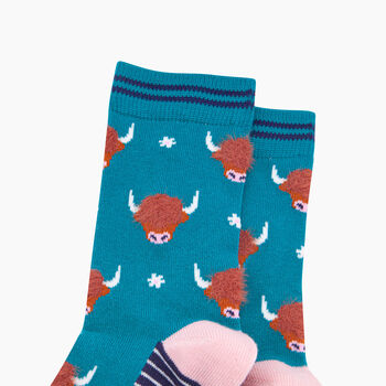 Highland Cow Floral Fluffy Bamboo Socks In Teal, 2 of 4