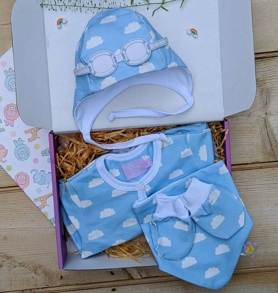 Image of Blue Clouds Baby Grow, Hat, Bib And Mittens Set