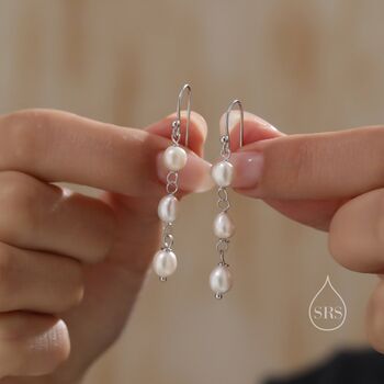 Sterling Silver Natural Pearl Trio Drop Hook Earrings, 6 of 11