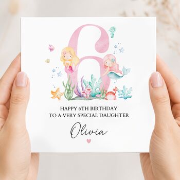 Mermaid 5th Birthday Card, Any Age, Pink Birthday Card For Daughter, Granddaughter, 7 of 9