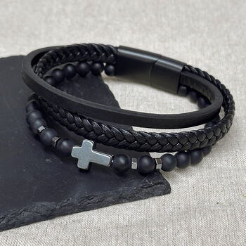Personalised Beaded And Stacked Leather Cross Bracelet, 4 of 6
