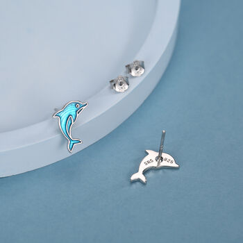 Sterling Silver Dolphin Stud Earrings With Blue Enamel, 4 of 11