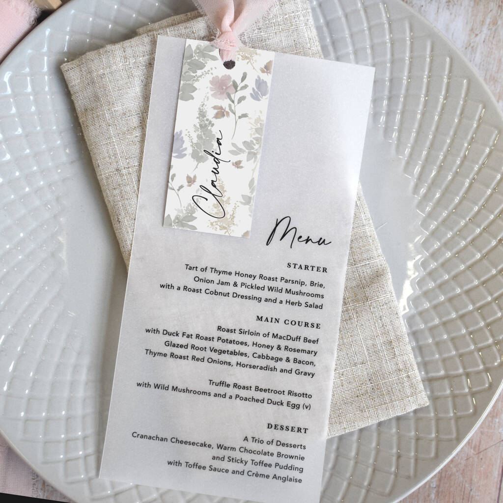Autumnal Vellum Wedding Menu Cards With Guest Name Tags And Ribbon, 1 of 7
