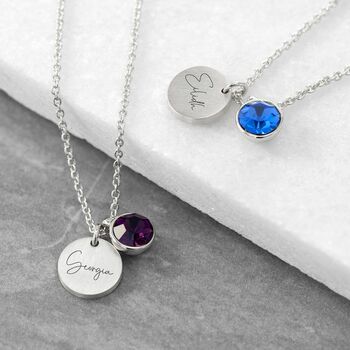 Personalised Silver Birthstone Crystal And Disc Necklace, 10 of 12