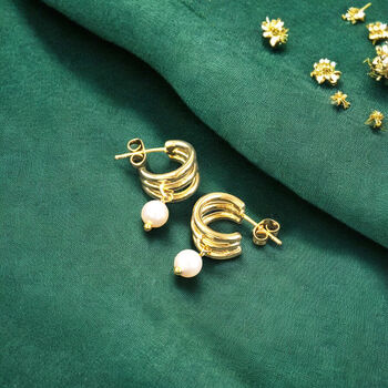 Gold Plated Triple Hoop Pearl Earrings, 4 of 5