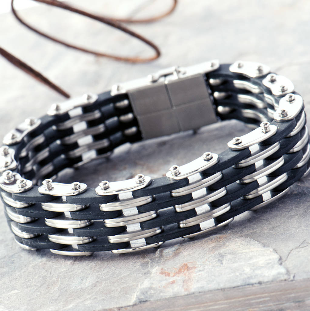Men's Rubber And Stainless Steel Link Chain Bracelet By Grace & Valour