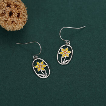 Sterling Silver Enamel Daffodil Oval Drop Earrings, 5 of 11