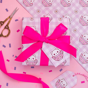 Gingham Teacup Cat Wrapping Paper With Tags, 3 of 7