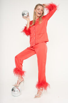 Luxury Red Feather Silky Pyjama Set, 5 of 8