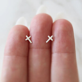 Tiny Sterling Silver Cross Stud Earrings, 2 of 4